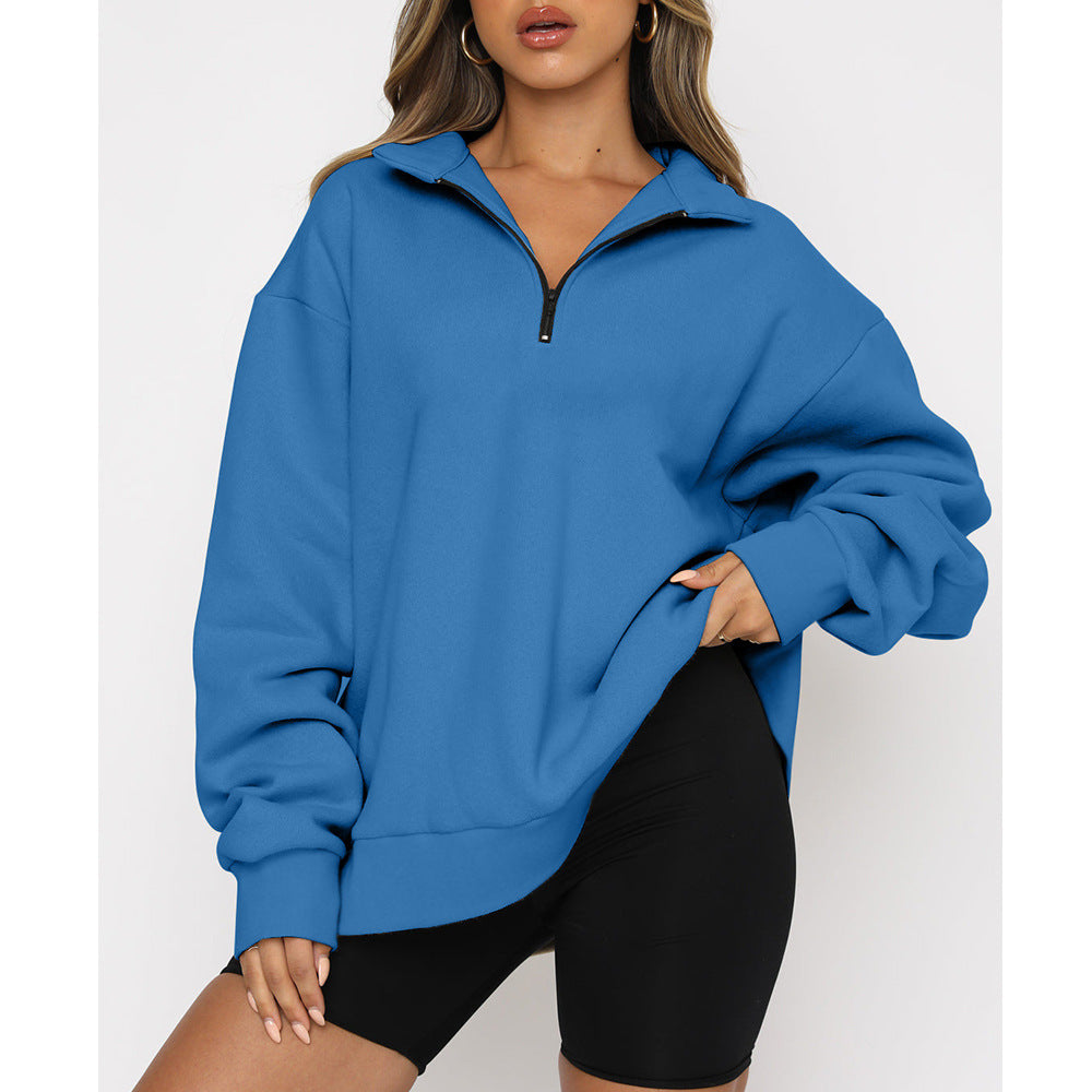 Women Sweatshirts Zip Turndown Collar Loose Casual Tops Clothes - Black Ice Styles