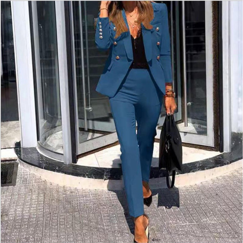 Button Blazer High Waist Slim Fit Two Piece Suit - Black Ice Styles