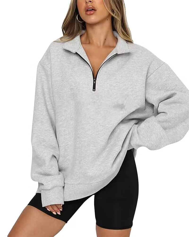 Women Sweatshirts Zip Turndown Collar Loose Casual Tops Clothes - Black Ice Styles