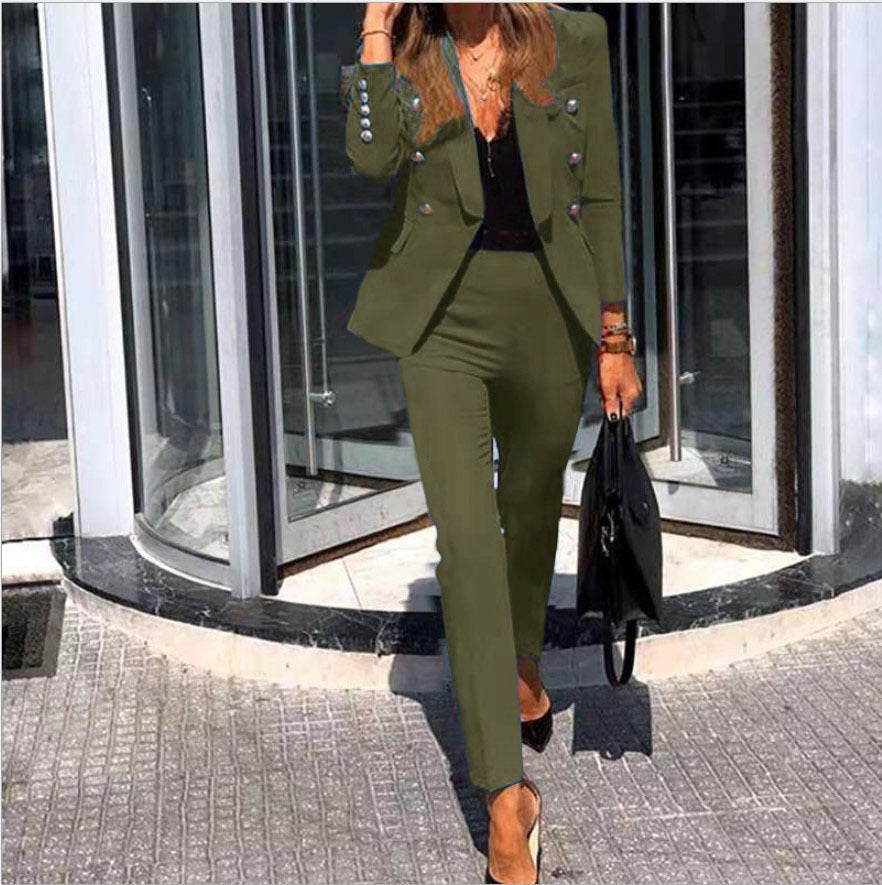 Button Blazer High Waist Slim Fit Two Piece Suit - Black Ice Styles