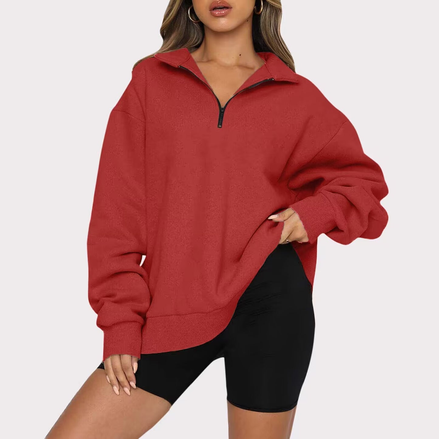 Women Sweatshirts Zip Turndown Collar Loose Casual Tops Clothes - Black Ice Styles