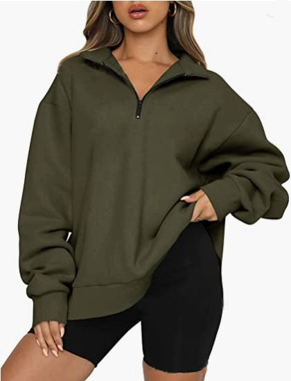 Women Sweatshirts Zip Turndown Collar Loose Casual Tops Clothes - Black Ice Styles