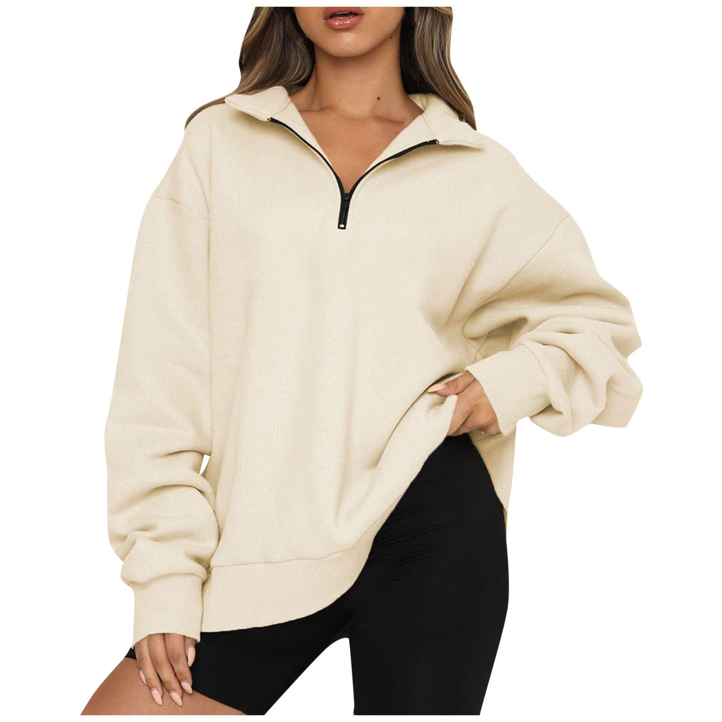 Women Sweatshirts Zip Turndown Collar Loose Casual Tops Clothes - Black Ice Styles