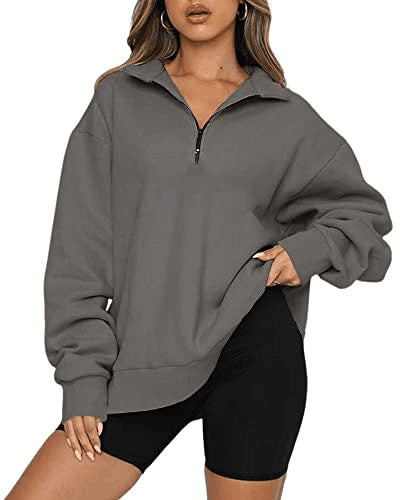 Women Sweatshirts Zip Turndown Collar Loose Casual Tops Clothes - Black Ice Styles