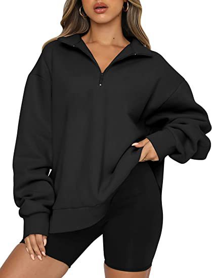 Women Sweatshirts Zip Turndown Collar Loose Casual Tops Clothes - Black Ice Styles