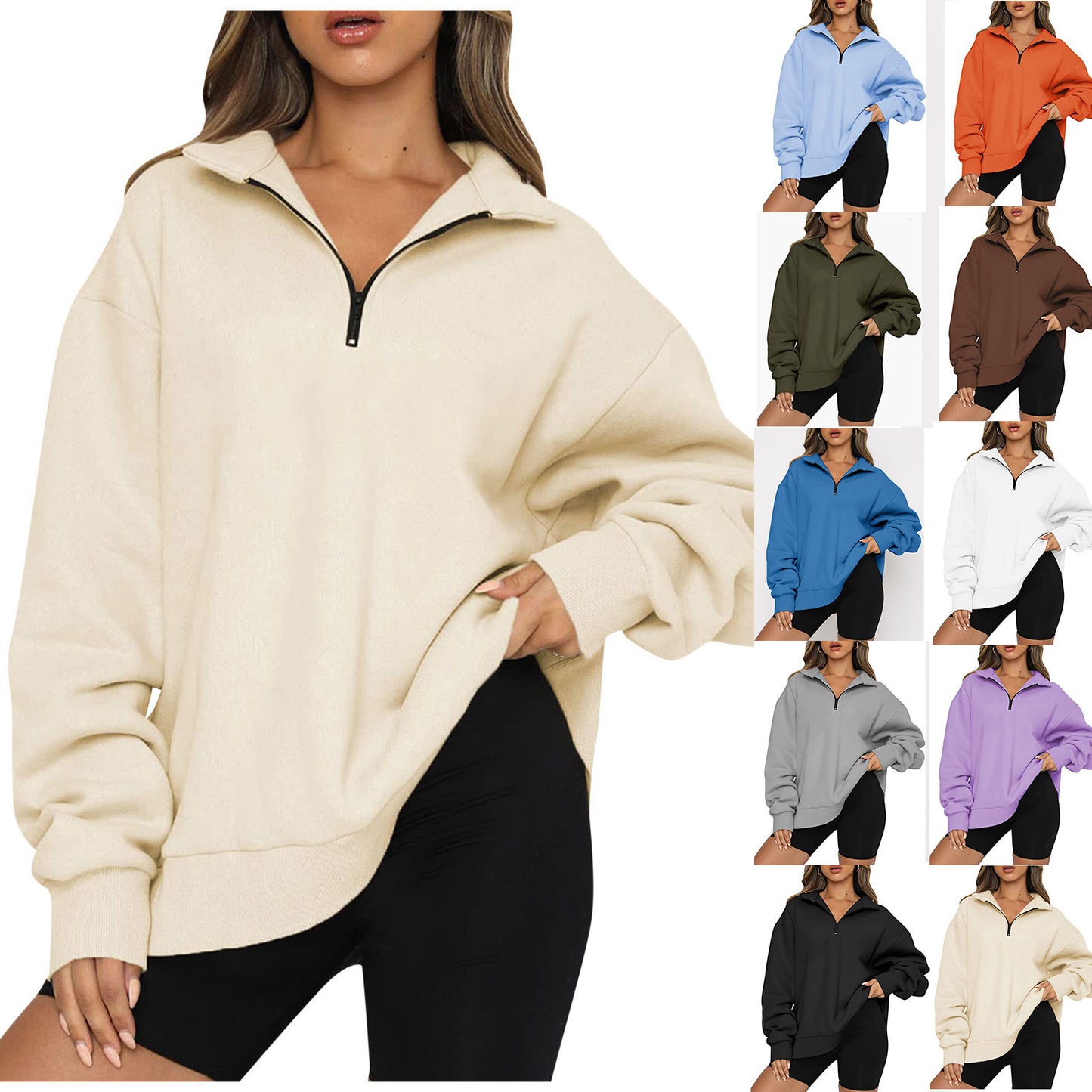 Women Sweatshirts Zip Turndown Collar Loose Casual Tops Clothes - Black Ice Styles
