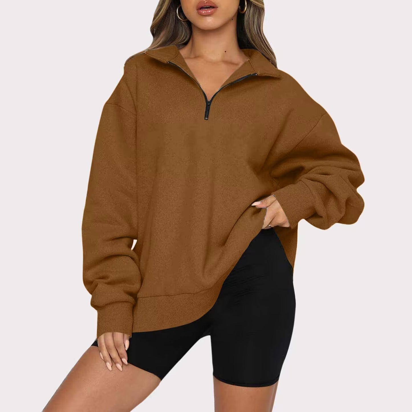 Women Sweatshirts Zip Turndown Collar Loose Casual Tops Clothes - Black Ice Styles