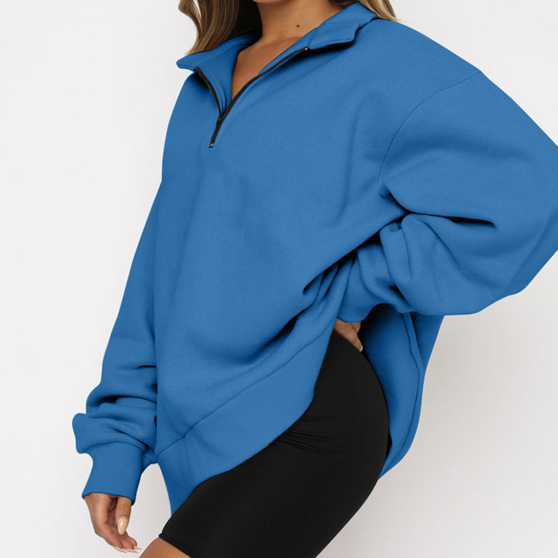 Women Sweatshirts Zip Turndown Collar Loose Casual Tops Clothes - Black Ice Styles