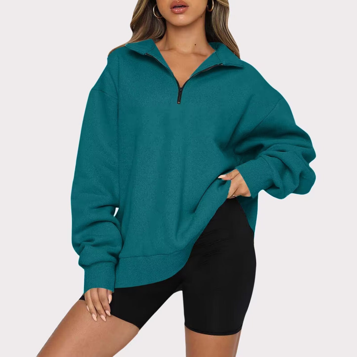 Women Sweatshirts Zip Turndown Collar Loose Casual Tops Clothes - Black Ice Styles