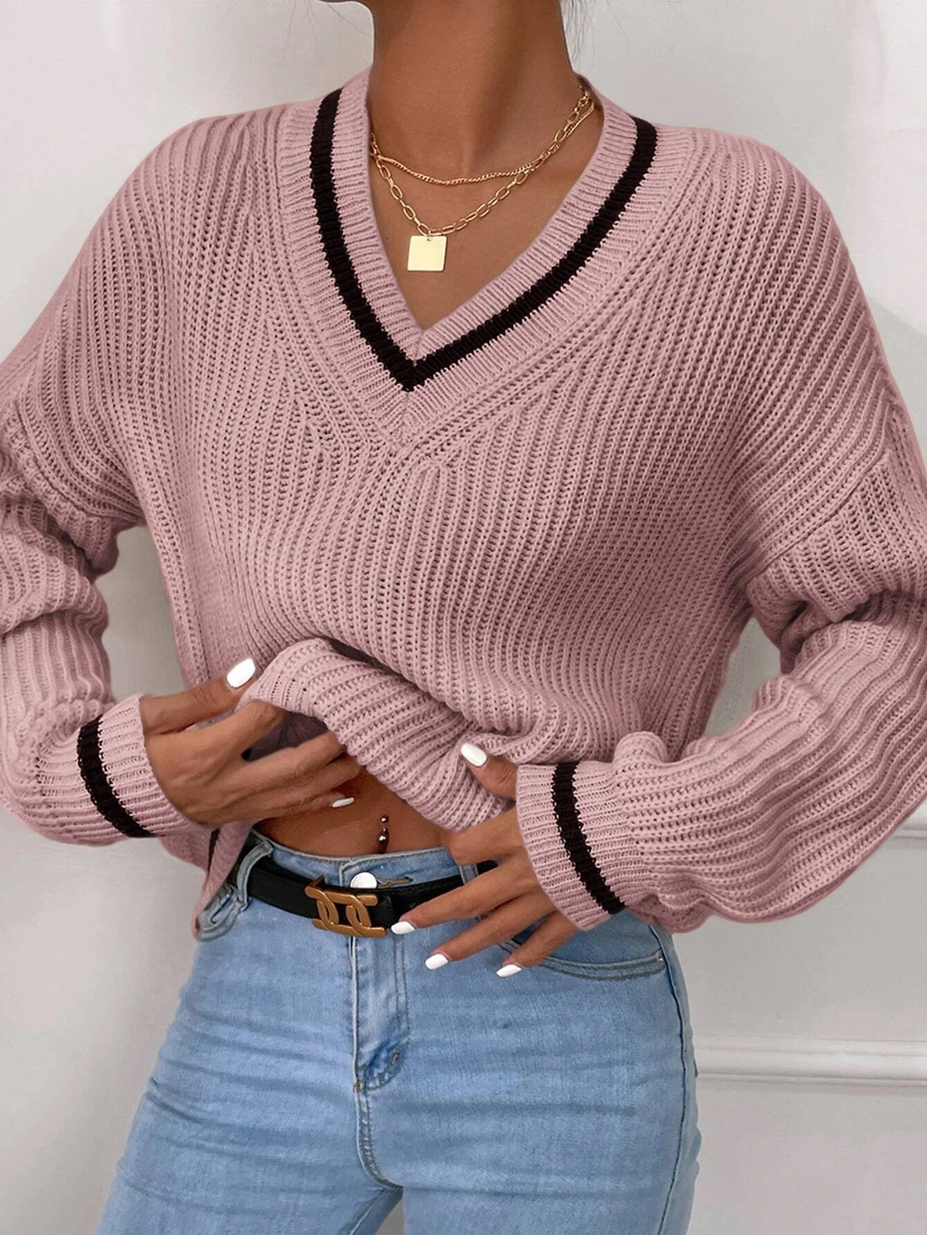 Cable Knit V Neck Sweater - Black Ice Styles