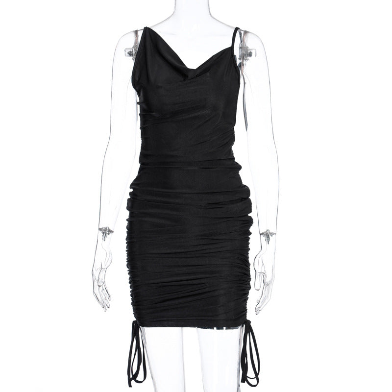 Shoulder Drawstring Ruched Sling Dress - Black Ice Styles