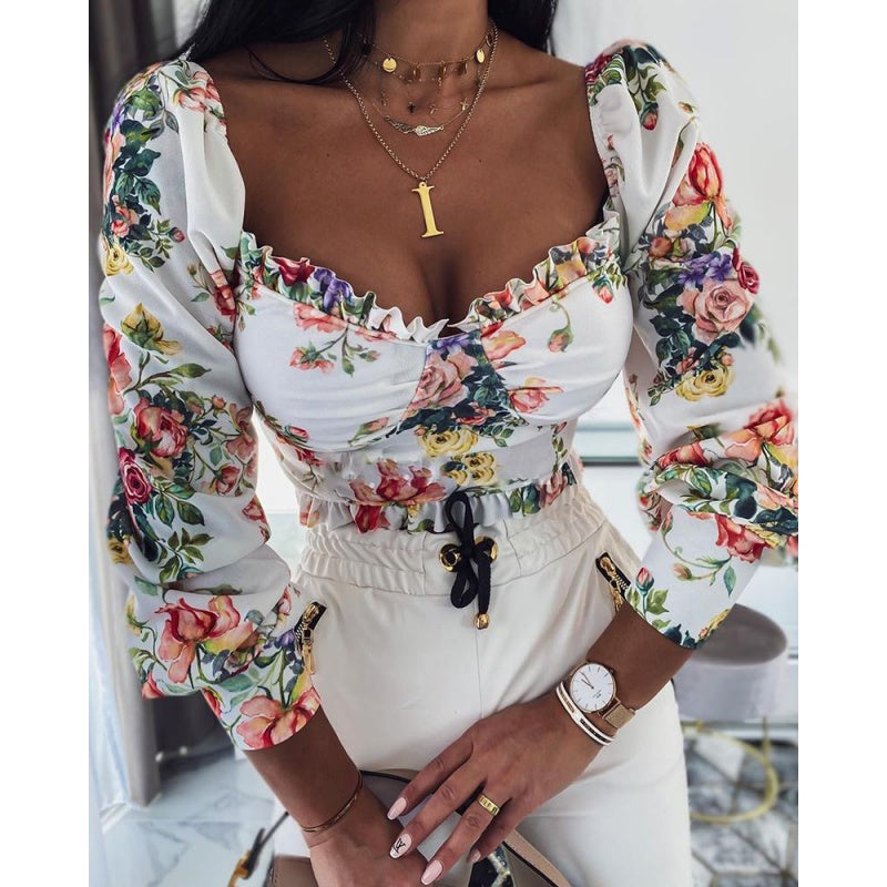 Long Sleeve High Shoulder Floral Top - Black Ice Styles