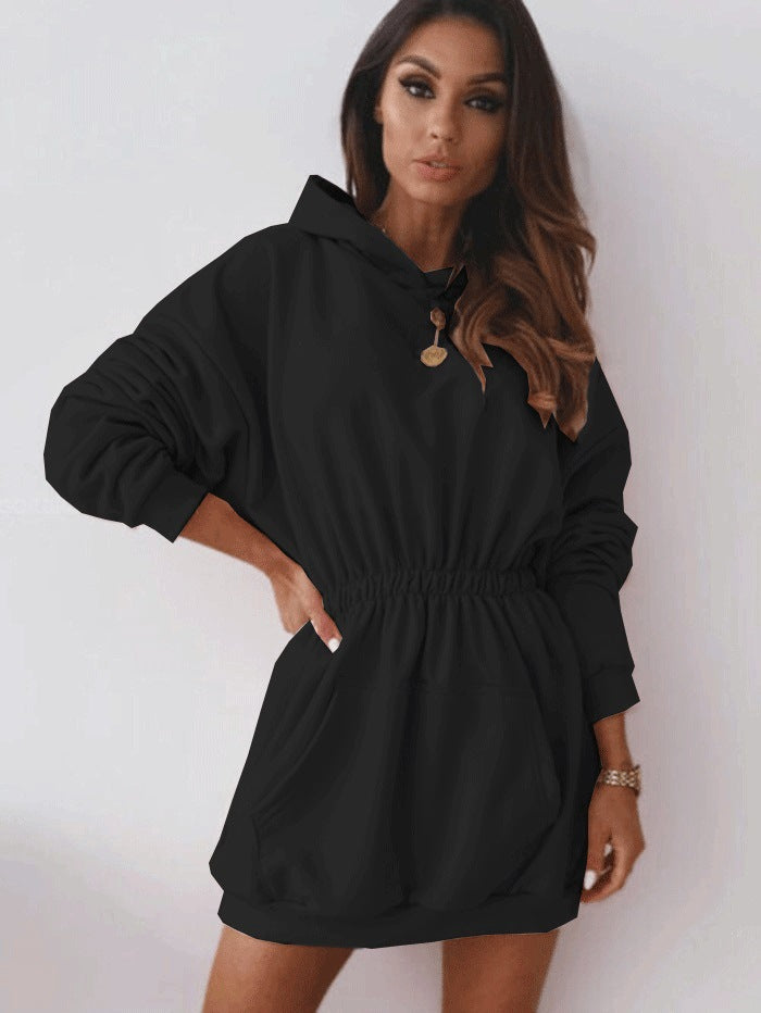 Hooded Loose Mid Length Sweater Dress - Black Ice Styles