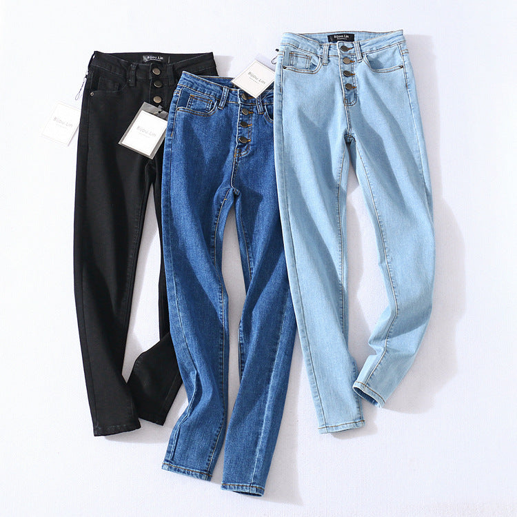 Four Button High Waist Skinny Stretch Jeans - Black Ice Styles