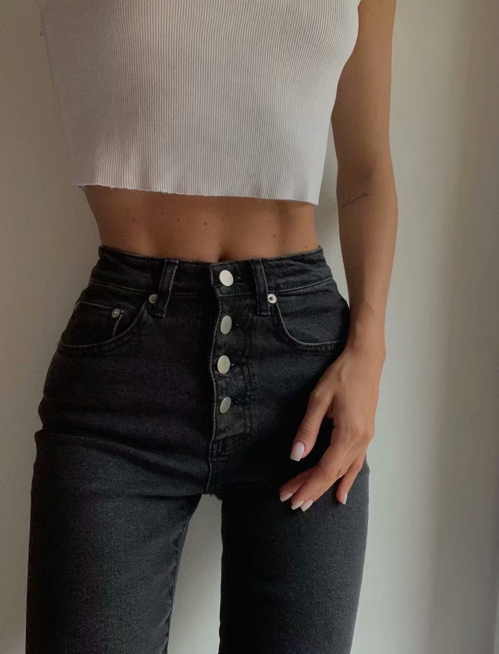 Four Button High Waist Skinny Stretch Jeans - Black Ice Styles