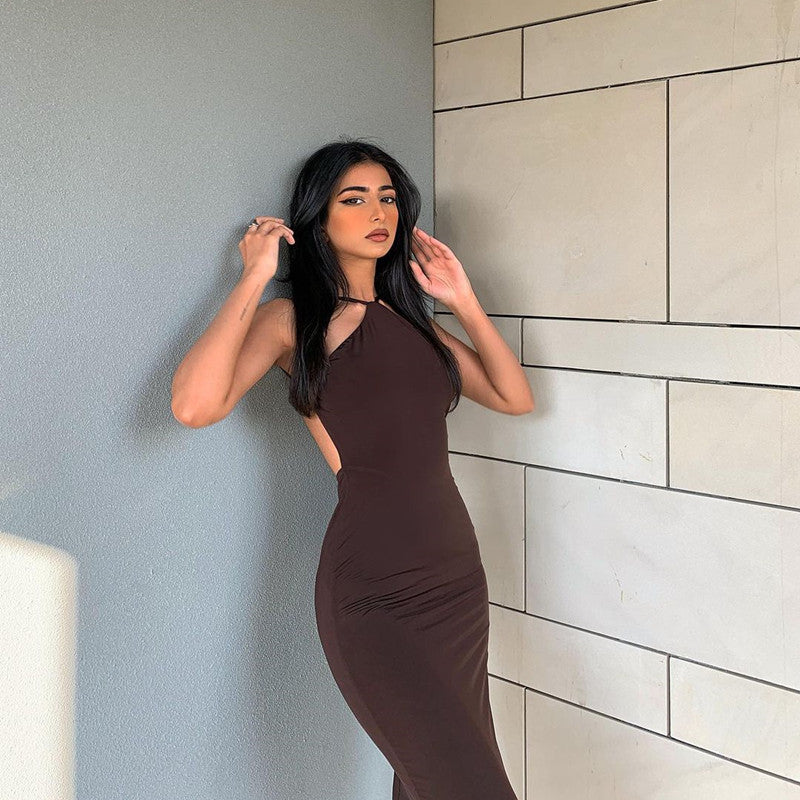 Solid Color Halter Sleeveless Halterneck Dress Long Dress - Black Ice Styles