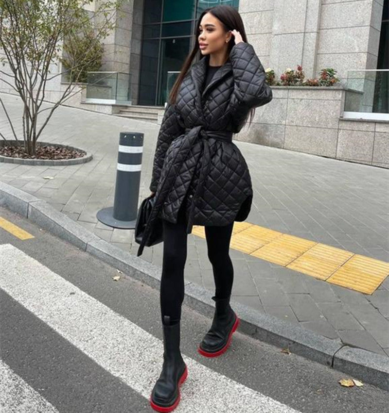 Slim Fit Lace Up Lapel Plaid Cotton Padded Coat - Black Ice Styles