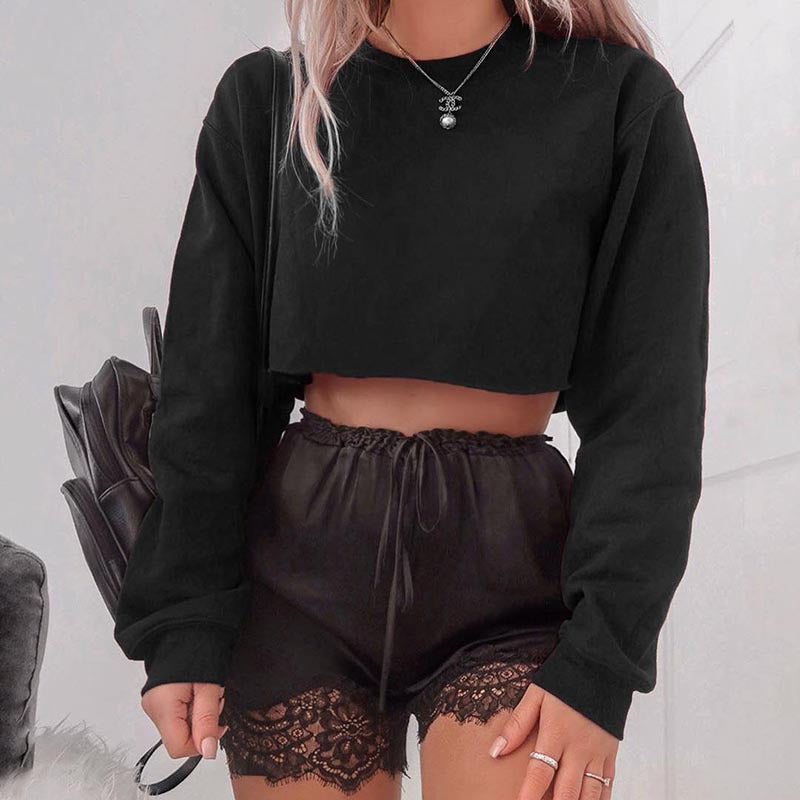 Round Long Sleeve Crop Top - Black Ice Styles