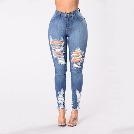 High Waist Stretch Ripped Jeans - Black Ice Styles