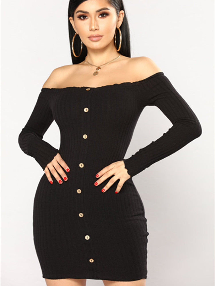 Off Shoulder Button Dress - Black Ice Styles