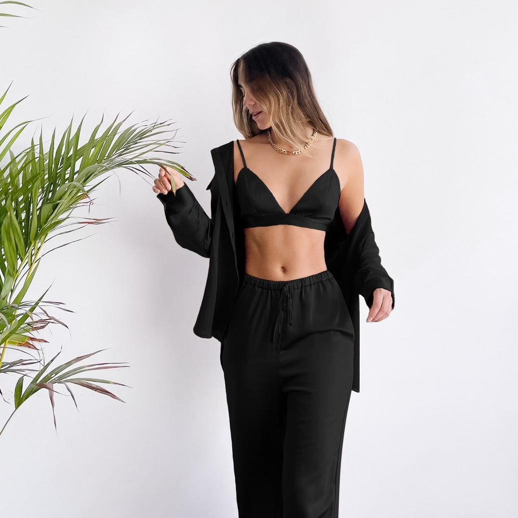 Satin Sleepwear Three Piece Set - Black Ice Styles