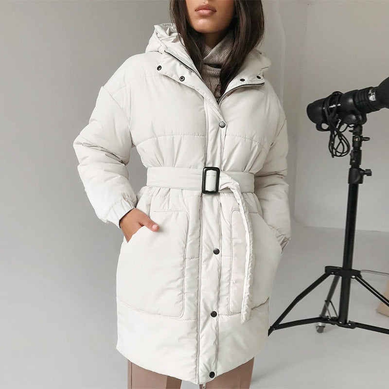 White Long Belt Padded Coat - Black Ice Styles