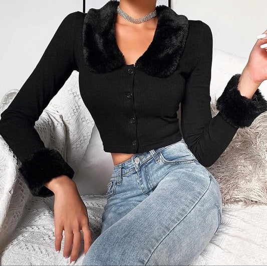 Furry Lapel Button Top - Black Ice Styles