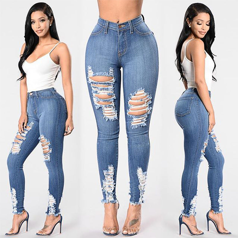 High Waist Stretch Ripped Jeans - Black Ice Styles