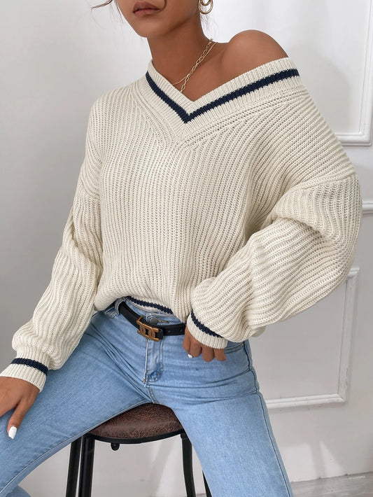 Cable Knit V Neck Sweater - Black Ice Styles