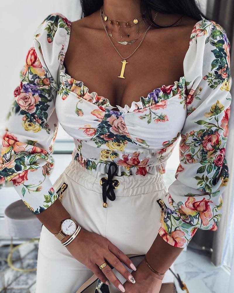 Long Sleeve High Shoulder Floral Top - Black Ice Styles