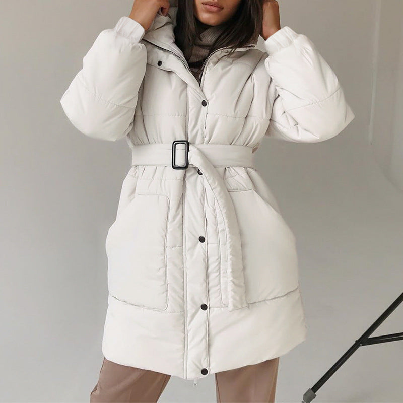 White Long Belt Padded Coat - Black Ice Styles