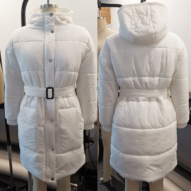 White Long Belt Padded Coat - Black Ice Styles