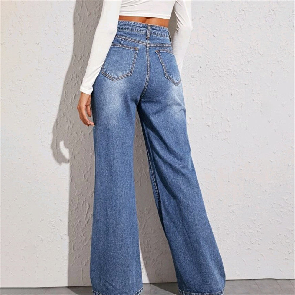 High Waist Wide Leg Patch Jeans - Black Ice Styles