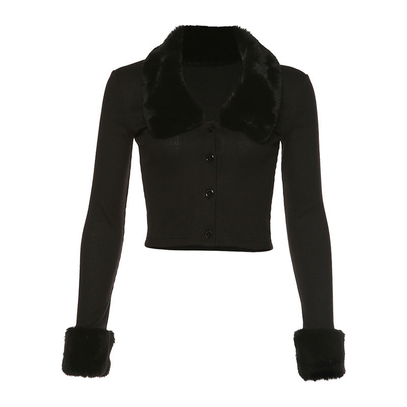 Furry Lapel Button Top - Black Ice Styles