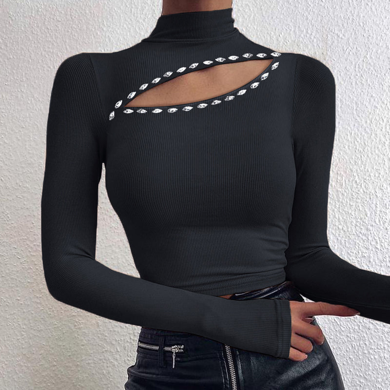 Hollow Neck Long Sleeve Top - Black Ice Styles