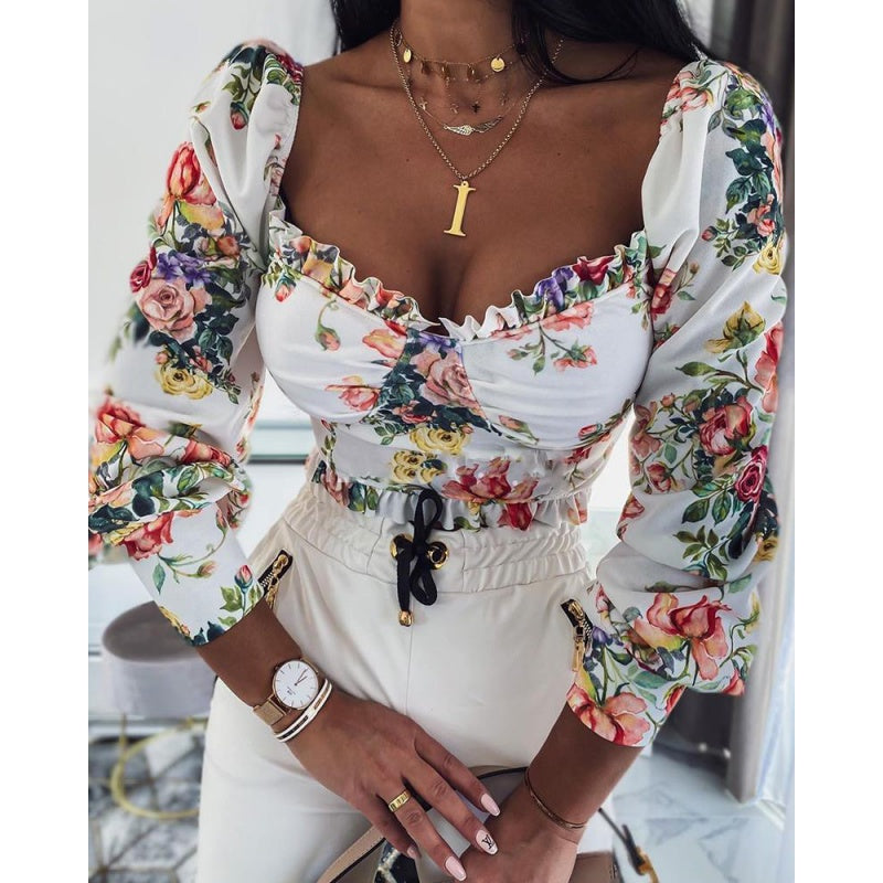 Long Sleeve High Shoulder Floral Top - Black Ice Styles