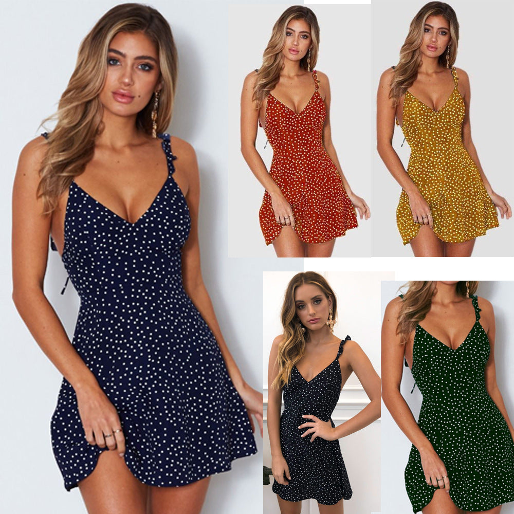 Polka-dot Strappy Dress Women Summer Fashion Beach Sundress - Black Ice Styles