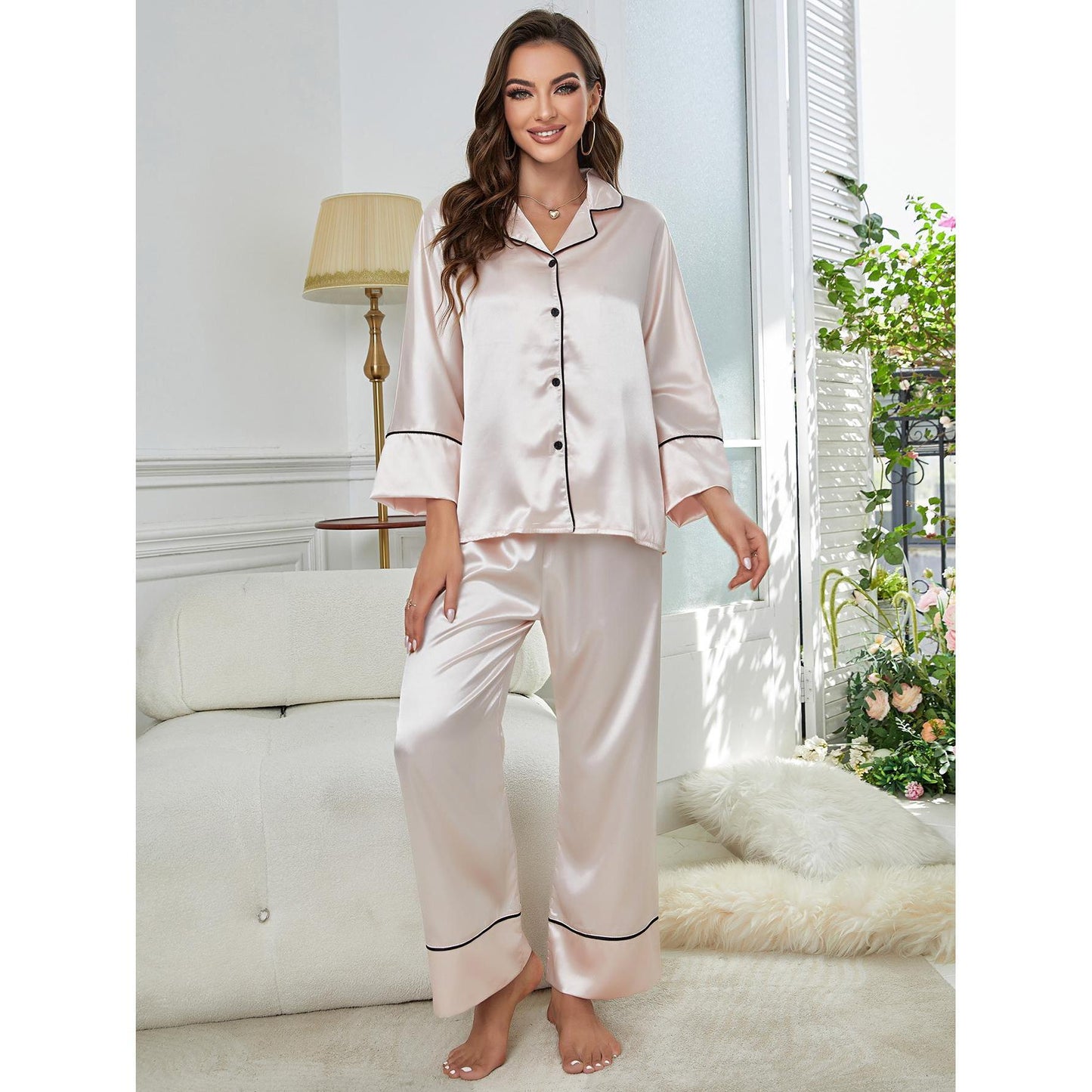 Silk Lapel Sleepwear Lounge Set - Black Ice Styles