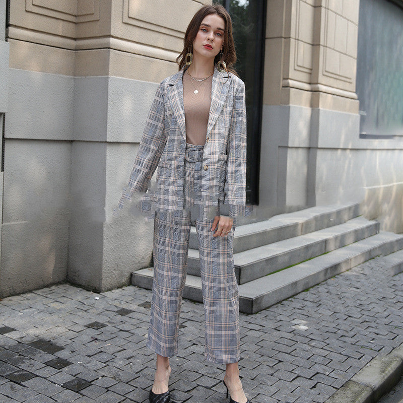 Plaid Blazer and High Waist Belted Trousers Two Piece Set - Black Ice Styles