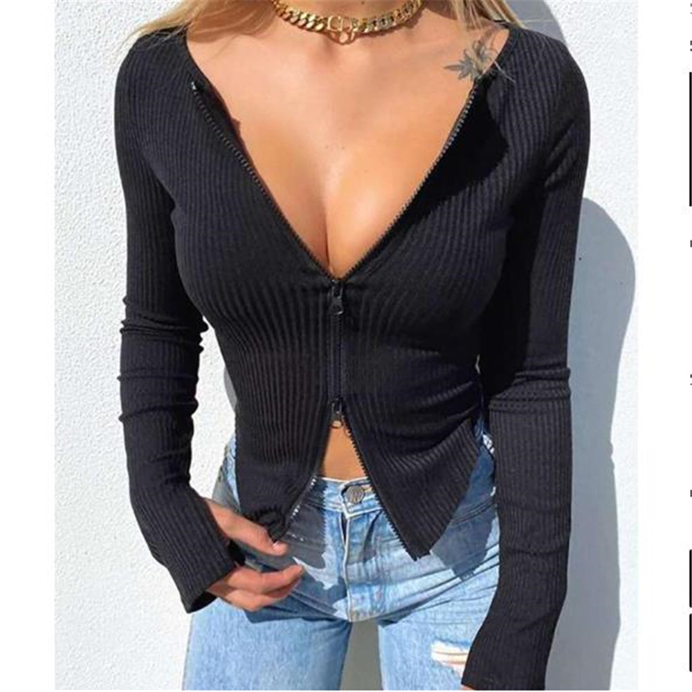 Ribbed Double Zip Split Top - Black Ice Styles