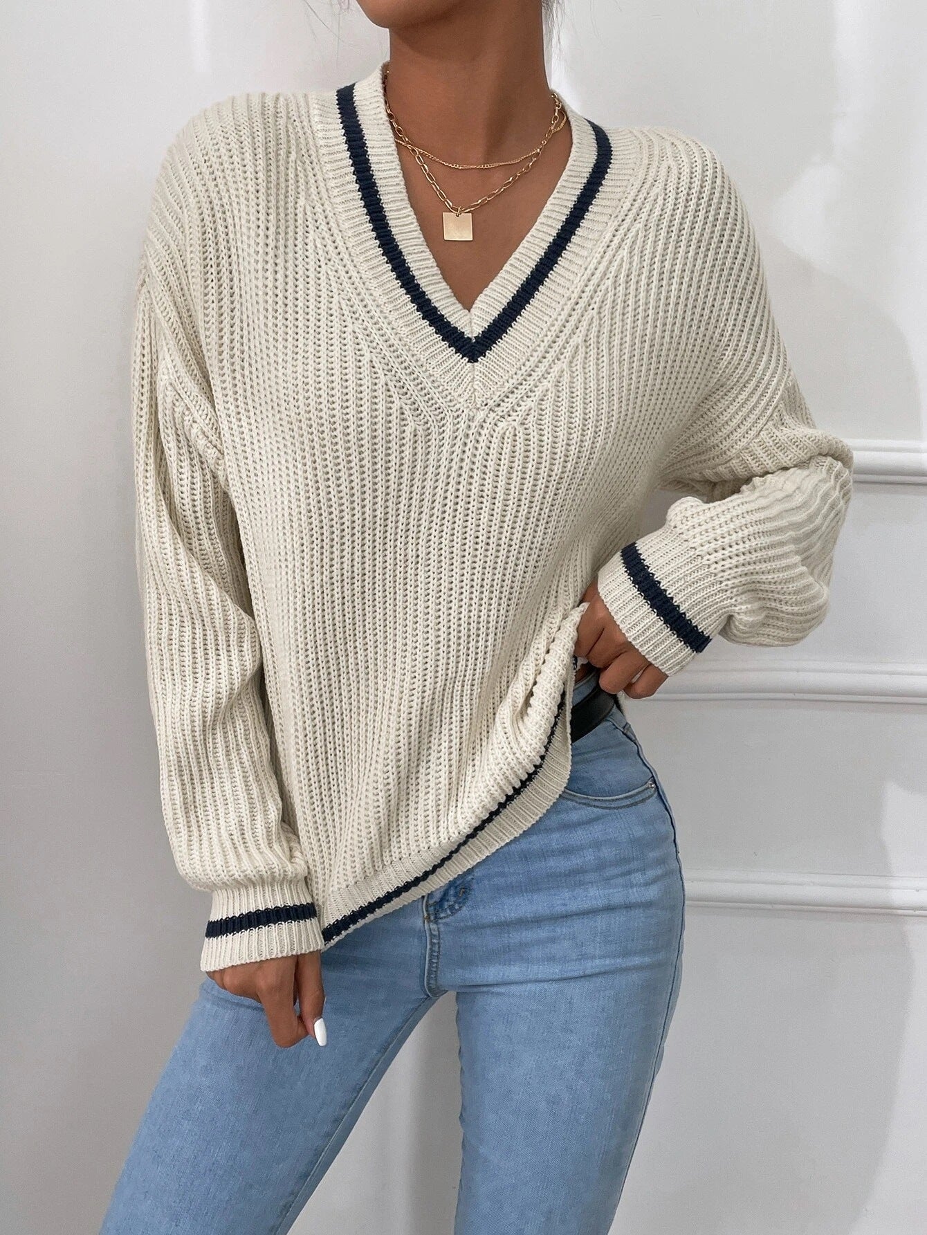 Cable Knit V Neck Sweater - Black Ice Styles