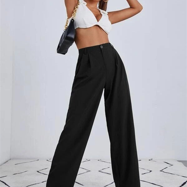 High Waist Wide Leg Suit Trousers - Black Ice Styles