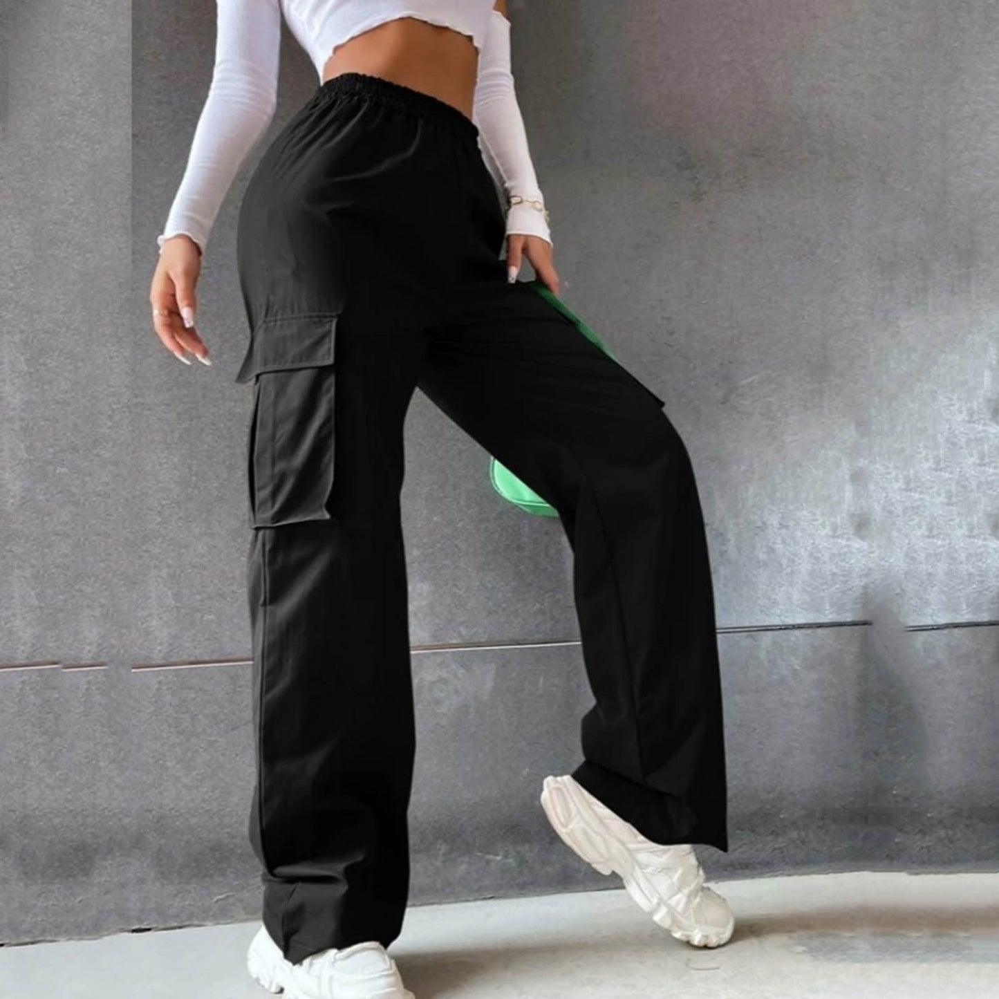 Elastic High Waist Wide Leg Trousers - Black Ice Styles