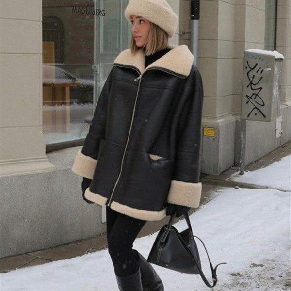 Oversized Cashmere Leather Fur Coat - Black Ice Styles