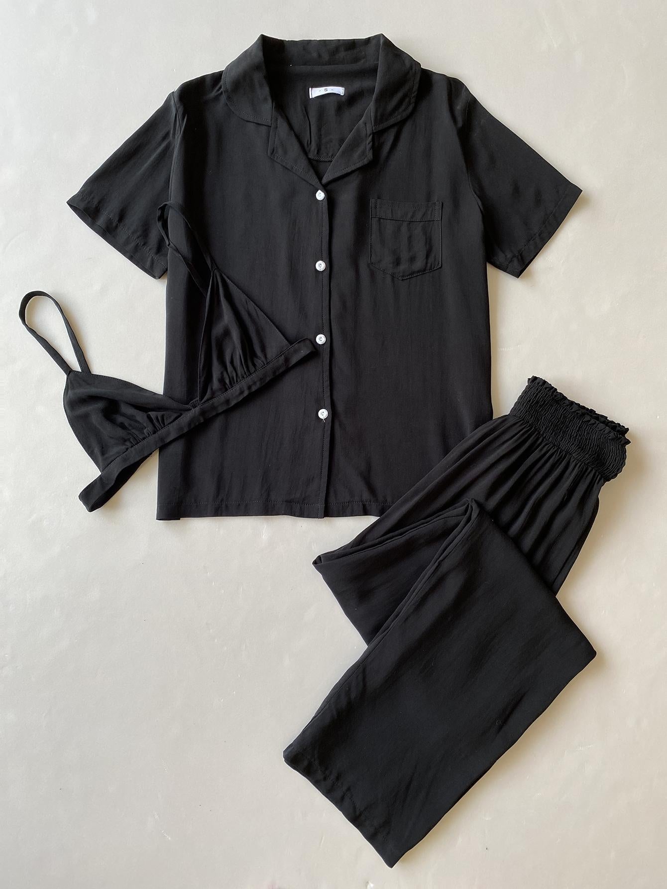 Short Sleeve Cardigan Three Piece Set - Black Ice Styles