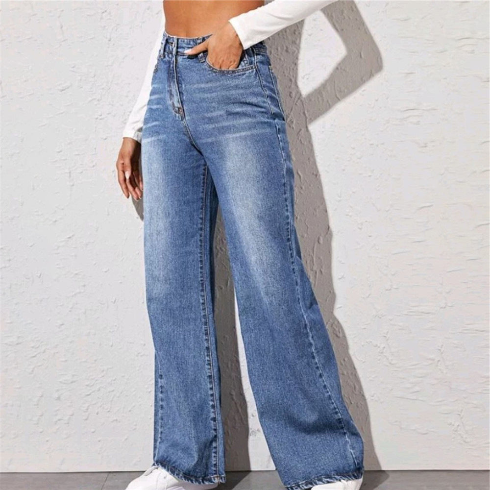 High Waist Wide Leg Patch Jeans - Black Ice Styles