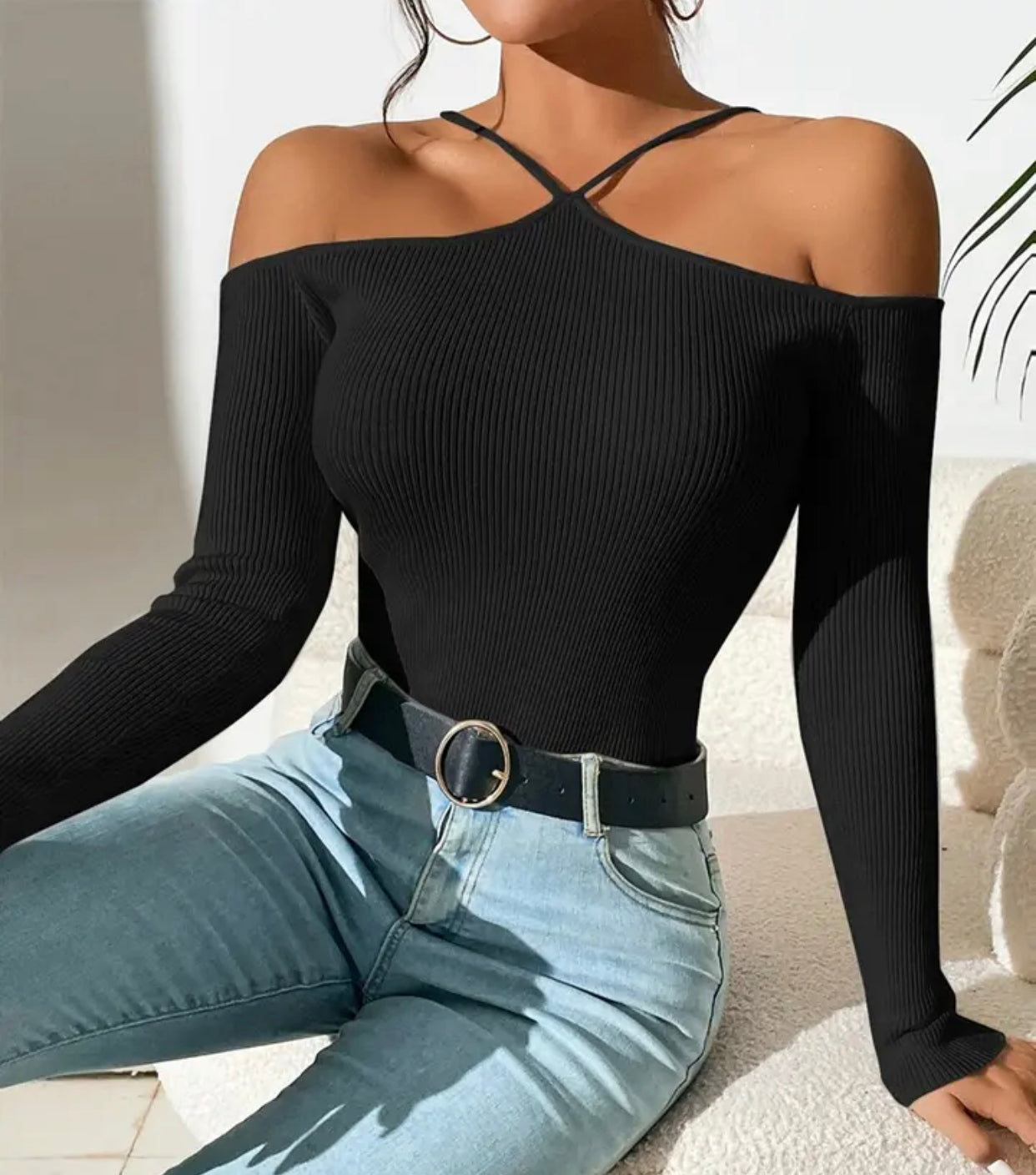 Halter Neck Long Sleeve Top - Black Ice Styles