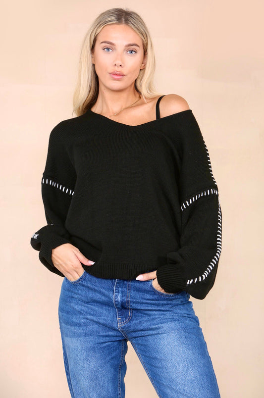 Black Shoulder Contrast Jumper - Black Ice Styles