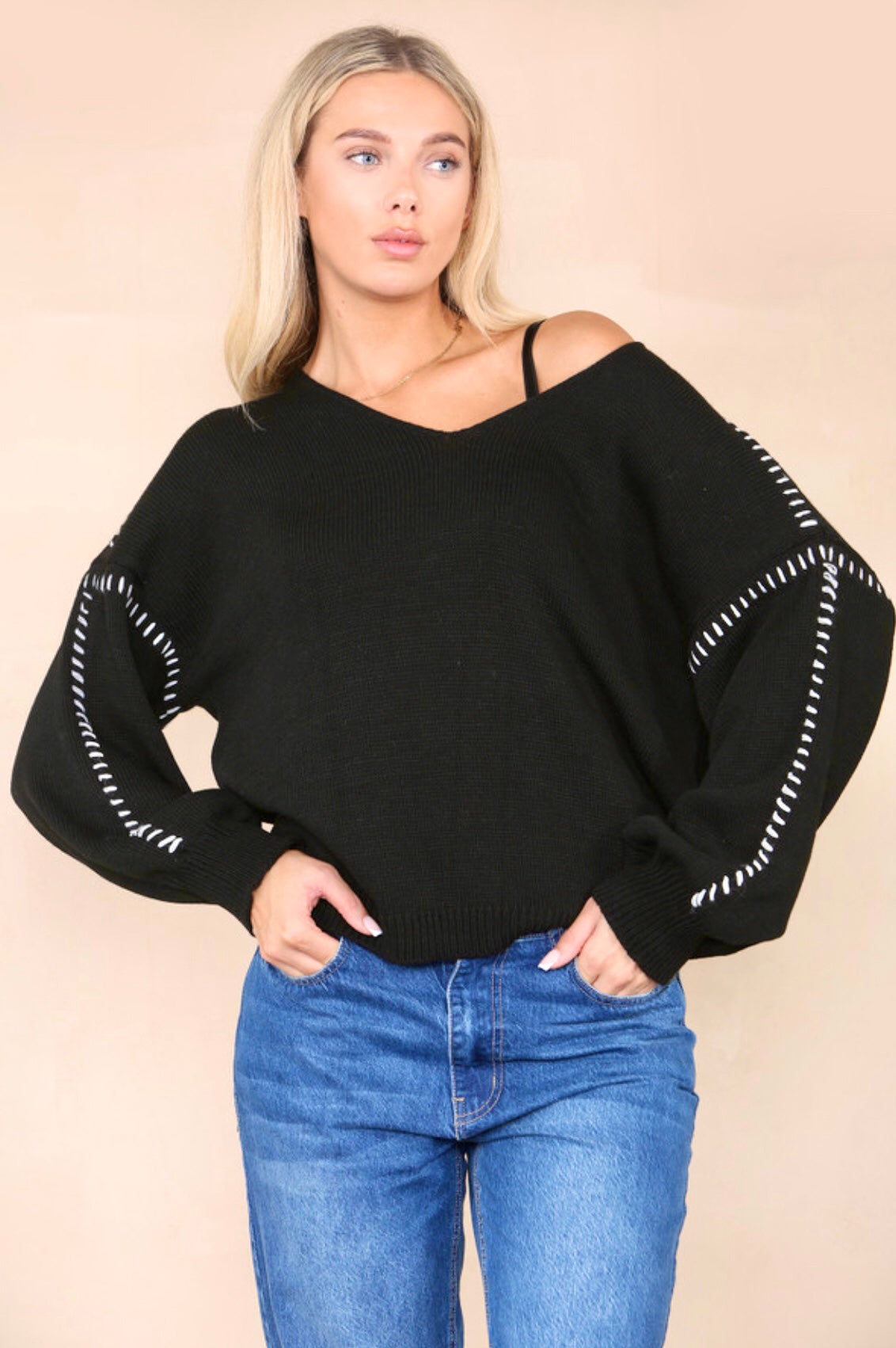 Black Shoulder Contrast Jumper - Black Ice Styles