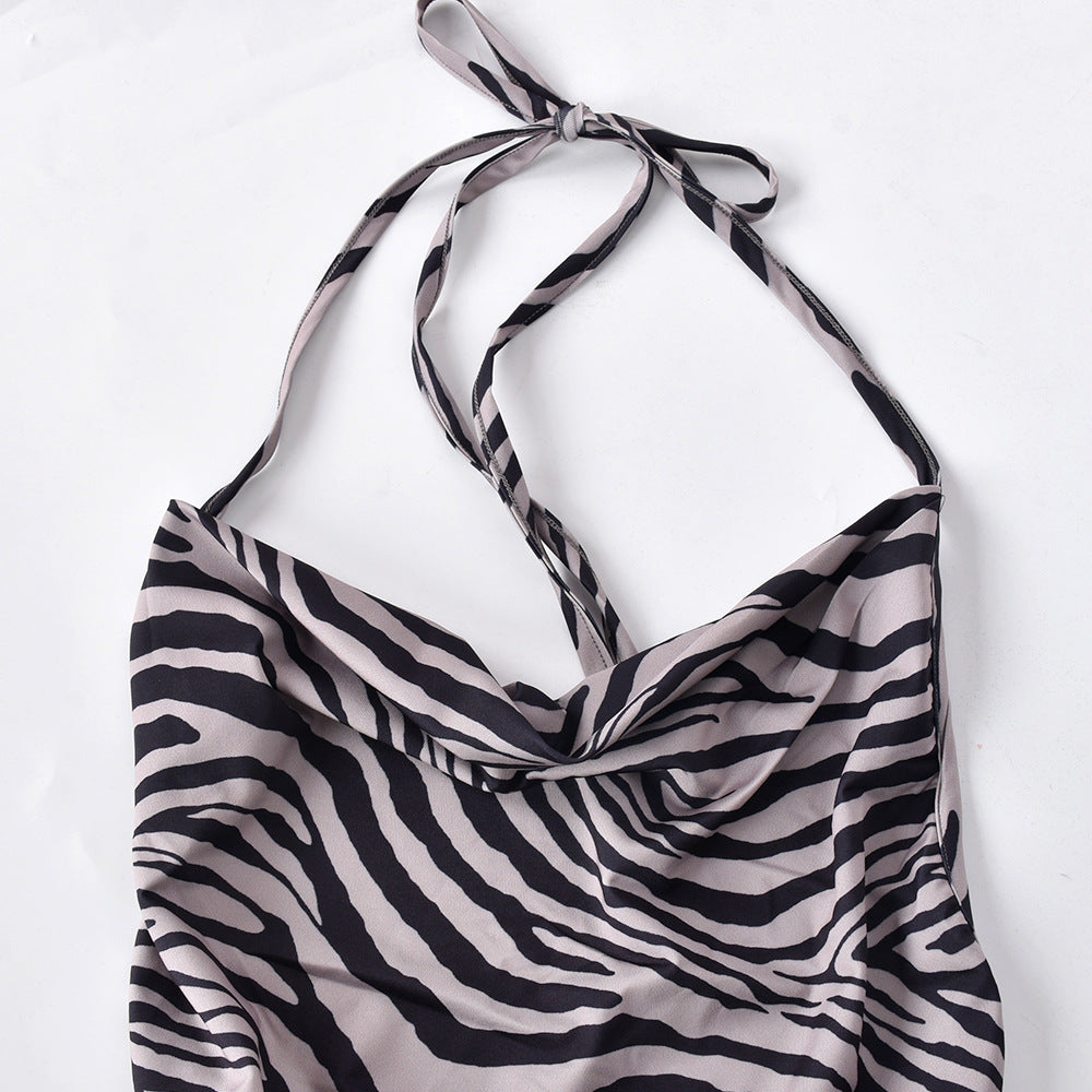 Halter Neck Zebra Mini Dress - Black Ice Styles